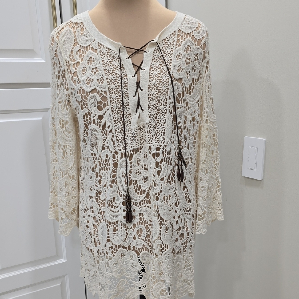 Ruff Hewn Cream Lace Tunic Top with Tie Detail